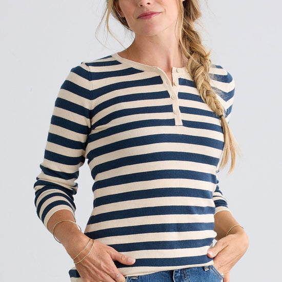 womens organic cotton striped henley sweater - indigo blue stripe - fair indigo ethically made