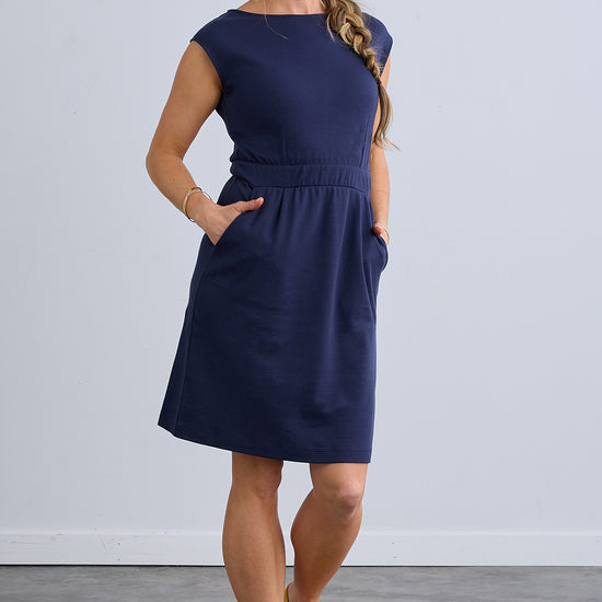 womens organic cotton cap sleeve pocket dress navy blue - fair indigo