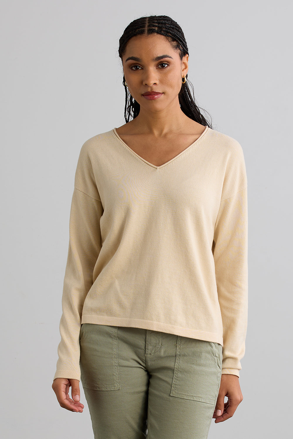 womens relaxed fit organic v-neck sweaters - dye free - undyed - fair indigo ethically made