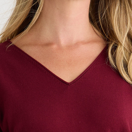 womens relaxed organic cotton v-neck sweaters - wine burgundy - undyed - fair indigo ethically made