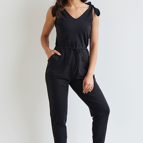 womens organic french terry jumpsuit - black - fair indigo fair trade ethically made