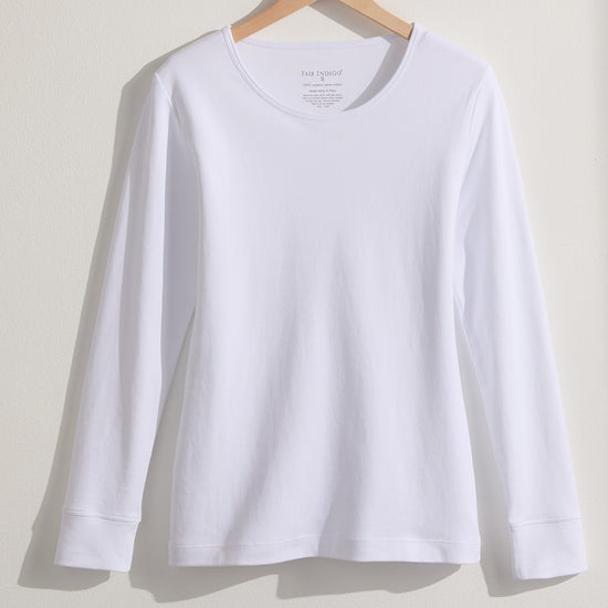 womens organic all-cotton interlock long sleeve tee - white - fair indigo fair trade ethically made