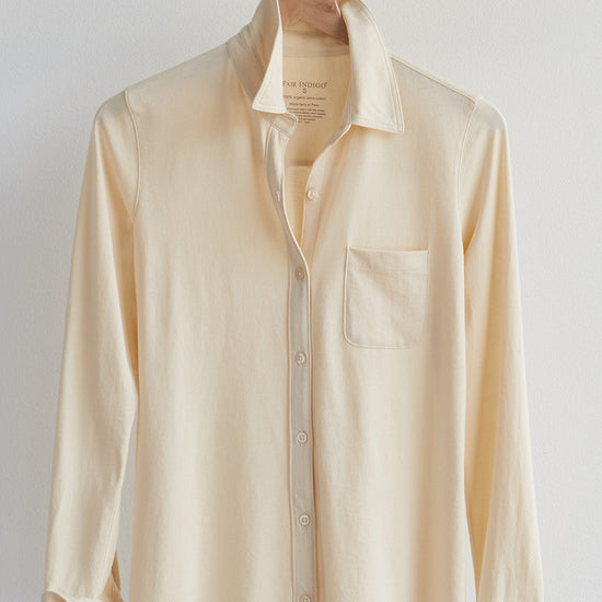 womens organic all cotton knit button down shirt- undyed natural cotton beige - fair trade ethically made