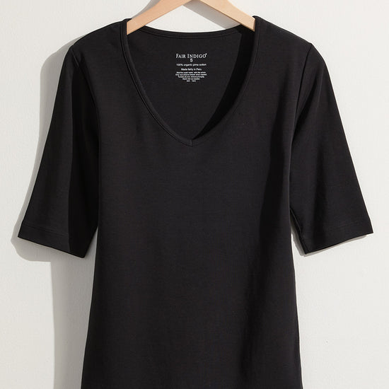 womens organic half sleeve v-neck t-shirt - black - ethically made fair trade clothing - fair indigo