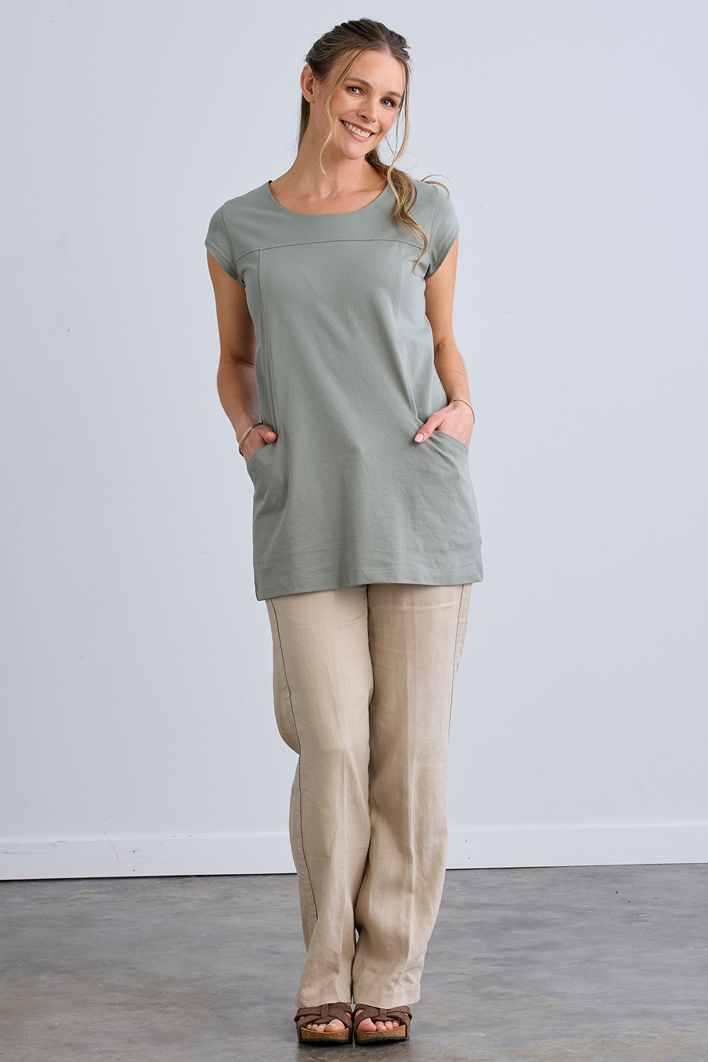 womens organic all cotton pocket tunic - sage green - fair trade - ethically made fair trade
