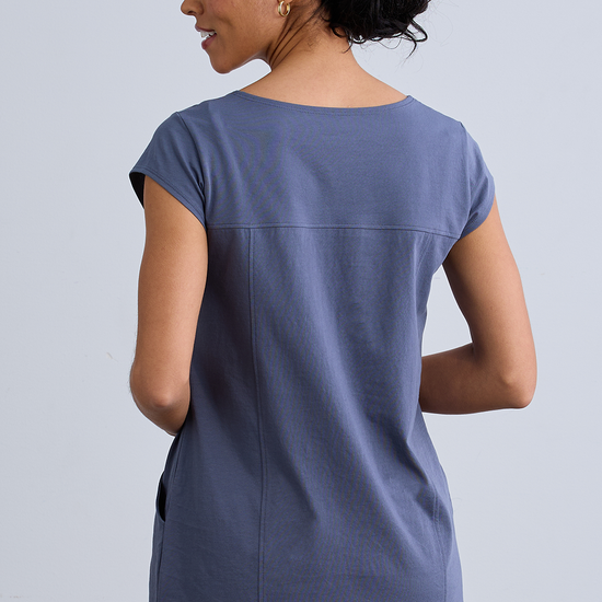 womens 100% organic cotton short sleeve tunic with pockets - slate blue  - fair indigo - ethically made fair trade