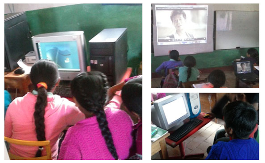 Picture collage of kids using new computer